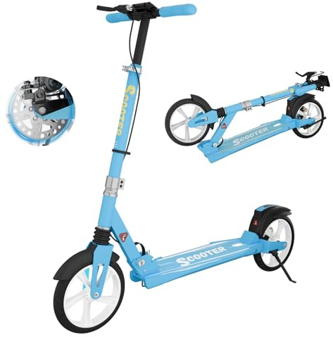 MEE GOO Monopattino adulto – Monopattino con freno a disco e doppio ammortizzatore, ruote in poliuretano da 200 mm, cuscinetti a sfera ABEC-7, tavola antiscivolo (rosa/bianco/blu) – max. 100 kg (blu)