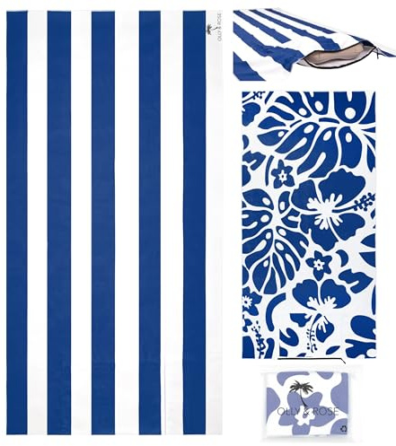 Olly & Rose Toalla de playa grande de microfibra de lujo con bolsillo con cremallera y almohada inflable y patrón reversible, 90 x 160 cm, color azul, toalla de viaje ligera de microfibra de lujo de