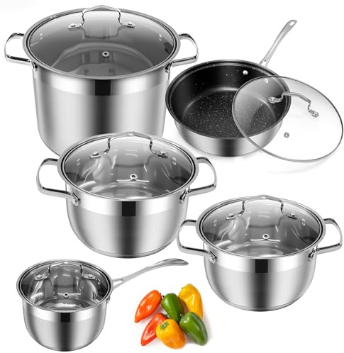 HLILBTE Ustensiles de cuisine de cuisine, 12 pièces hybrides en acier inoxydable, poêles à frire, casseroles, casseroles et poêles, compatibles induction, argent