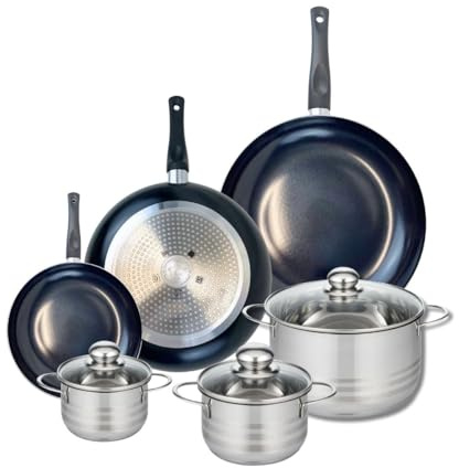 ELO 9748150 Batterie de cuisine 6 pièces, Ensemble de 3 Poêles de cuisson 20, 28 et 32 cm et 3 faitouts 12, 14 et 20 cm Elo Prima Brillant, inox, induction