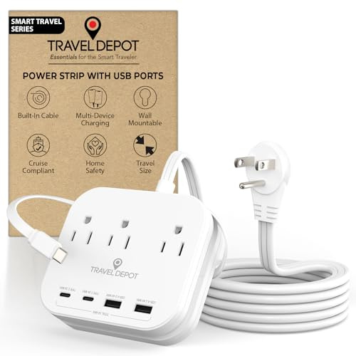 TRAVEL DEPOT Cruise Essentials - Presa multipla piatta, resistente, 1,5 m, prolunga con 3 uscite e cavo di tipo C integrato, 2 porte USB e 2 porte USB-C