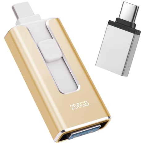 USB Stick 256GB for iPhone, [MFi-certified] 4-in-1 Flash Drive for iphone, Photo Stick for iPhone/iPad/Android/PC, Without App USB 3.0 High-Speed Lightnning Memory Stick Transfer Photos Videos, Gold