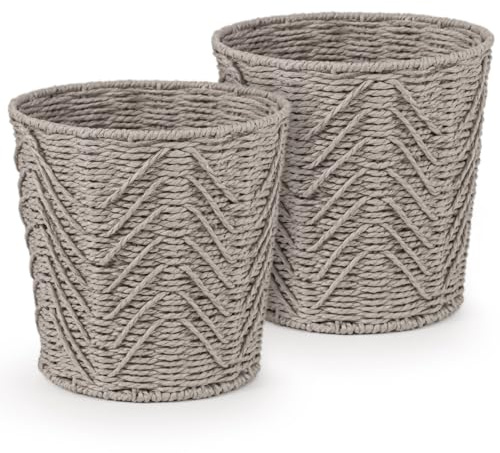 Woodluv Set of 2 Round Handwoven Paper Rope Bins, Decorative Wastepaper Baskets for Home, Closet, or Office Organization, Durable, Stylish & Functional Storage Solution - Grey
