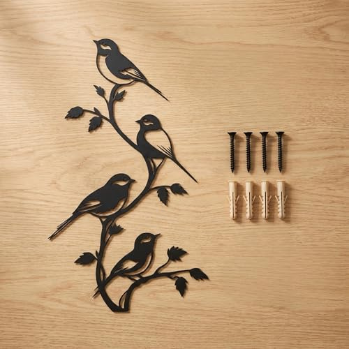 BGJJGT Metal Garden Wall Art, 4 Birds on Branch Silhouette Sculpture, 38cm Weatherproof Black Iron Fence Decorations for British Garden, Patio, Living Room