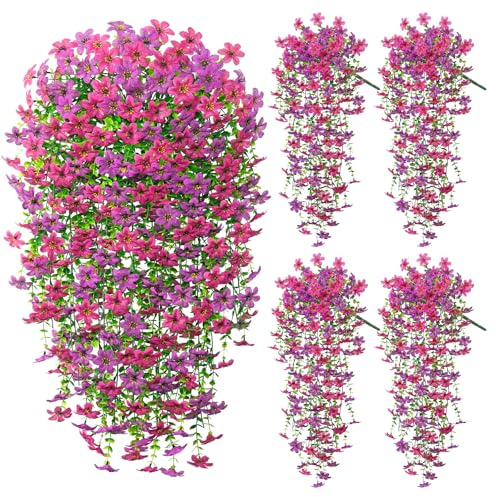 Dremisland 4Pcs Artificial Hanging Flowers Outdoor Spring Fake Trailing Flower Bouquet 16 Branches Purple Rose Red Hanging Vine Drooping Plant Daisy Faux Long Trailing Vine Home Garden Yard Balcony