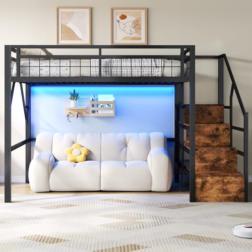 Soweiz Hochbett, Eisenrahmen, mit LED-Lichtleiste, Treppenkonstruktionen mit Stauraum, Freier Raum zum Verkleiden nach, Ohne Matratze (Schwarz, 140 x 200 cm)