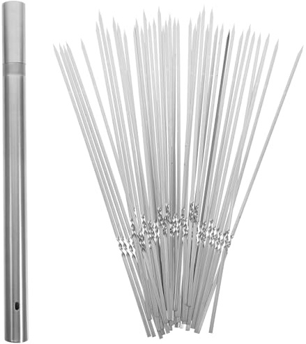 GATHINESS Brochettes Inox pour Barbecue en Acier Inoxydable Réutilisables avec Tube de Rangement Argenté, Kit 1 Set pour Viande et Légumes, pour Picnic et Restaurant