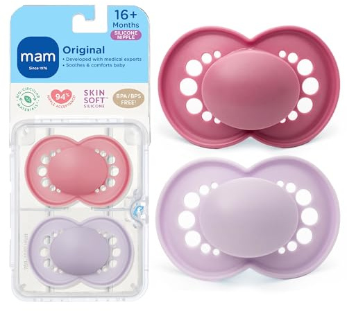 MAM Original Baby Pacifier 16+ Mths, Skin Soft Silicone Nipple, 2 Pack