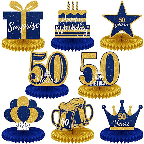 Spakon 8 Pieces Table Decorations Glitter Honeycomb Centerpieces Table Toppers Party Decorations for Men and Women Party Supplies(50th Birthday,Blue Gold)