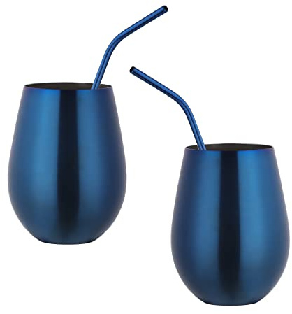 Buyer Star Stainless Steel Wine Glasses - Set of 2 Large & Elegant Stemless Goblets (17.6 oz) with Straw - Unbreakable, Shatterproof Metal Drinking Tumblers (Blue)