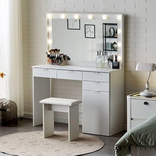 TUKAILAi White Large Dressing Table Set with Hollywood LED Mirror & Stool