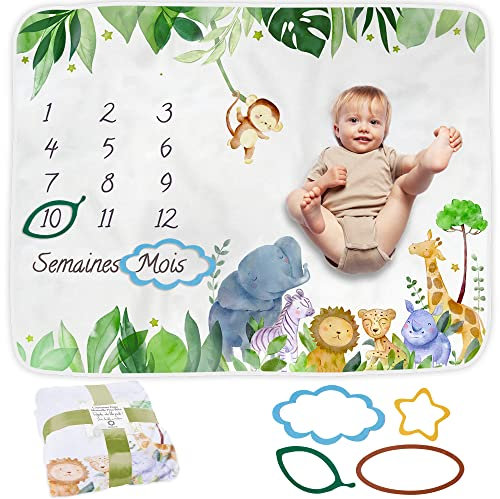 ODOXIA Couverture Etape Bébé en Français | Tapis Mois Bebe Garçon Ou Fille, Unisexe | Thème Safari | Cadeau Baby-Shower Personnalisé Jeunes Mamans | Tapis Photo Bebe | Doux, Confortable