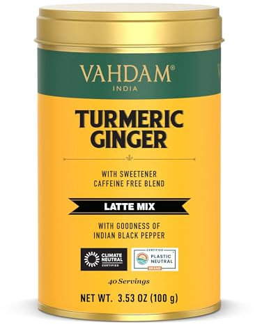VAHDAM, Zenzero e Curcuma Mix Latte Istantaneo (100g, 40+ Tazze) Senza Caffeina | Curcumina, Pepe Nero e Zenzero | Golden Milk in Polvere da Preparare Caldo o Freddo