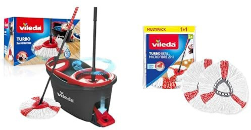 Vileda Turbo Juego de Cubo de fregona para Suelos giratoria con Pedal - Mango telescópico 85-123 & Recambio Turbo,Compatible con Todos los Sistemas Turbo de I Rendimiento Extra