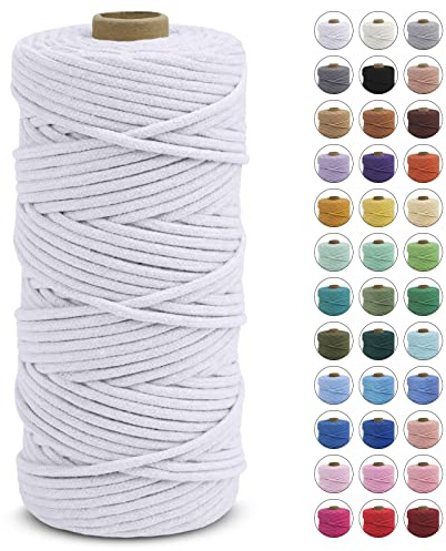 LEREATI Makramee Garn 3mm x 100m, Makramee Garn Geflochten Farbig Baumwollkordel, Baumwollseil, Baumwollgarn, Dicke Baumwollschnur für Wandbehang, Hängepflanze, Hochzeitsbogen Deko (Weiß)