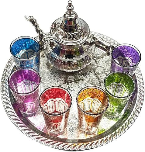 juego de té tradicional marroquí completo para usar todos los días con tetera 350 ml sin patas bandeja 28 cm con 6 vasos cristal de colores