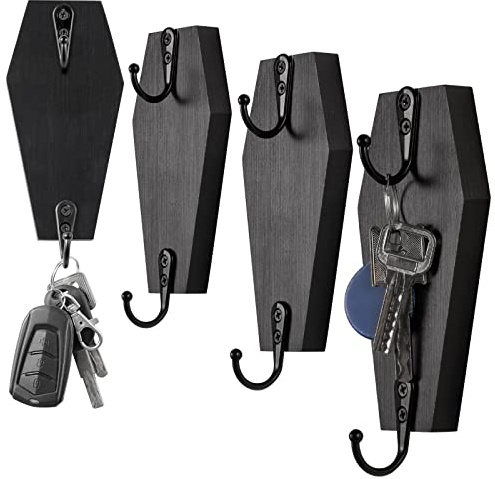 4 Pieces Coffin Wall Hook for Keys - Spooky Gothic Home Decor for Wall - Rustic Black Wooden Hanger for Keys, Mugs, Purse, Towel, Clothes - Wall Mounted Mini Coffins Hanger for Halloween Decoration