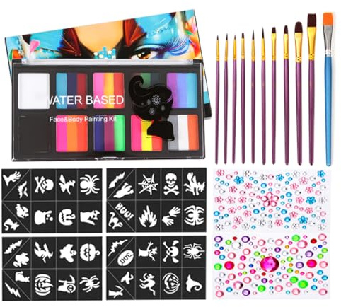 ANCLLO Face Colours Children's Make-Up Set 10 Colours Face Paint Makeup Palette with 10 Brushes and 40 Tattoo Templates 2 diamond stickers