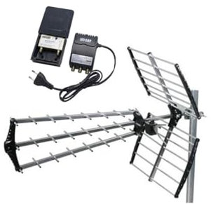 HDSAT Pack ANTENNE TNT TRINAPPE Gain 18dB UHF rateau + Kit Preamplificateur de Mat 5G TNT UHF + Alim 12V 2 Sorties - Gain 38dB