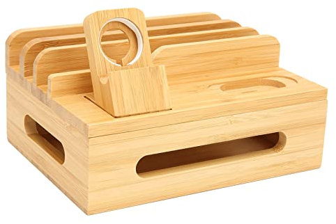 Cyrank Stazione di Ricarica per Dispositivi Multipli, Docking Station per Telefono in Legno Docking Station Organizer Supporto per Caricabatterie Organizer Elettronico per Tablet Cellulare