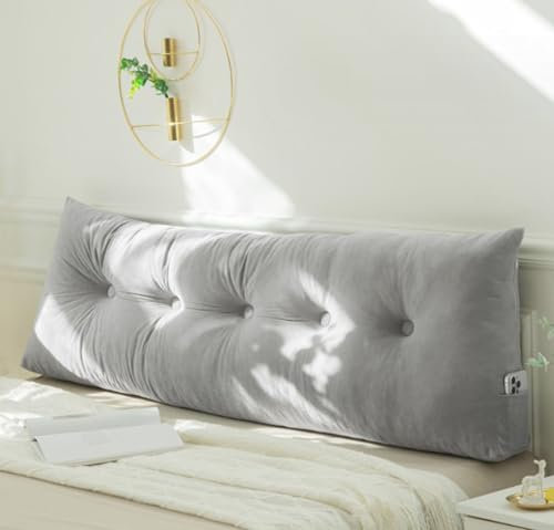 PIURUF Dreieckiges Kopfteilkissen für Doppel-/Kingsize-Bett, luxuriöses Samt-Rückenlehnen-Stützkissen, Tagesbett-Nackenrolle zum Ausruhen und Lesen, 200 x 40 x 12 cm (200 x 40 x 12 cm, Hellgrau)