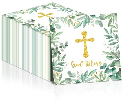 100Pcs God Bless Baptism Napkins First Holy Communion Mi Bautizo Napkins Cross Religious Paper Serviettes for Newborn Baby Shower Party Christening Religious Party Decorations