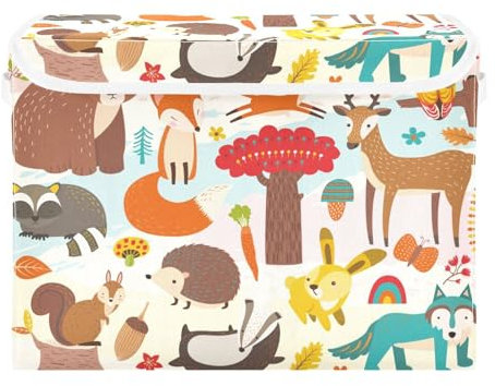 ISAOA Großer Spielzeugkorb mit Deckel, Waldtiere, Eule, Eichhörnchen, Hirsch, Waschbär, Fuchs, Bär, Aufbewahrungskorb, zusammenklappbarer Organizer für Schlafzimmer, Spielzimmer, Decke, Kinderzimmer,