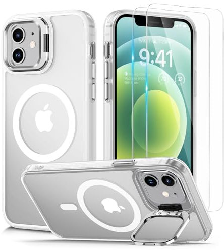 Lanhiem für iPhone 12 Hülle/für iPhone 12 Pro Hülle für MagSafe mit Ständer und 2 Stück Schutzfolie, Magnetische Stoßfest Handyhülle für iPhone 12 Case Schutzhülle Durchscheinende Matt Cover, Weiß