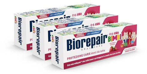 Biorepair, Pasta de dientes para niños de 0 a 6 años, 3 paquetes, Biorepair Pasta de dientes para niños sin flúor sabor a fresa anticaria, para encías saludables, 50 ml