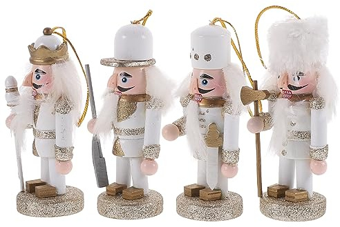 OKUMEYR Lot De 4 Décorations De Noël en Bois Élégantes Et Artisanales en Forme De Casse-Noisette en Or Blanc pour La Maison