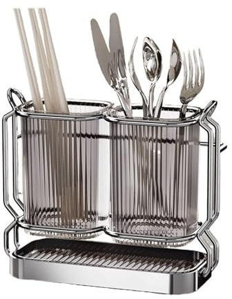 SDA287MZ Utensilienhalter küche Utensilienhalter mit 2 Fächern und Edelstahlregal, Wand-/Arbeitsplatten-Utensilienbehälter-Organizer mit herausnehmbarer Abflussschale, Grau Utensilientöpfe