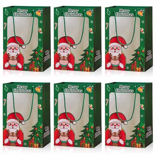 Geschenktüten Weihnachten mit Fenster,Weihnachtstüten Papier mit Henkel,6 Stück Grün Weihnachtsgeschenktüten Wiederverwendbare Geschenk Süßigkeitentasche 20x15x30cm