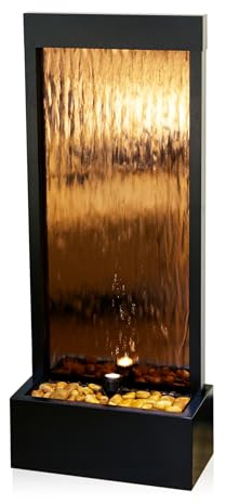 Alpine Corporation 48 Tall Indoor Modern Wall Mounted Zen Mirror Waterfall Floor Fountain with Stones and LED Lights Decor for Office, Living Room, Entryway, Bronze