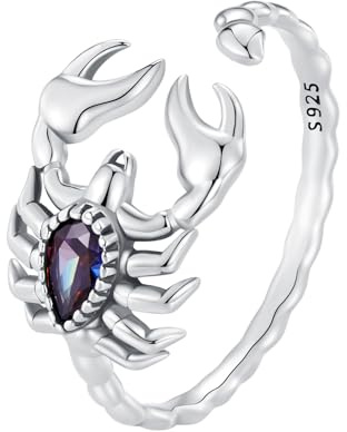 Qings Skorpion Spinne Schädel Hand Kreuz Ringe Schmuck für Damen Herren 925 Sterling Silber Tier Offener Verstellbarer Schwarzer Vintage Daumen Ring mit Zrconia
