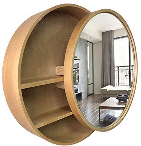 Bagno Medicine C con LED illuminato specchio da parete e mensola in legno massello Specchio da trucco da parete per bagno e toilette Specchio rotondo con ripiano portaoggetti