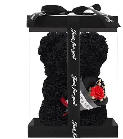 Orsacchiotto di rose artificiale eterno, in scatola trasparente, 24 cm, fatto a mano, romantico, decorativo, per San , regalo per lei, decorazione per la casa