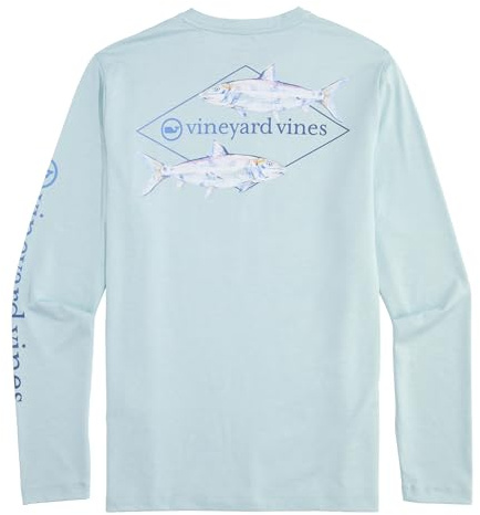 vineyard vines Men's Long-Sleeve Painted Bonefish Harbor Performance Tee, Aqua Haze Heather, XL