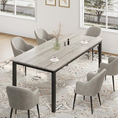 GarveeHome 78.7 in Industrial Dining Table for 6, Wooden Long Dinner Table with Mortise Tenon Design, Kitchen Table with Sturdy Metal Legs, for Dining Room Home Office Living Room, Grey