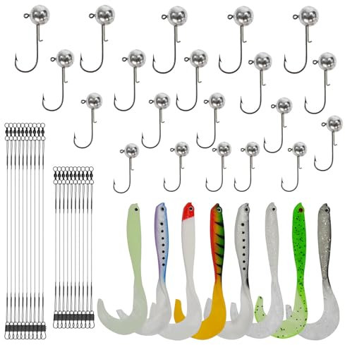 MEIRRAI 48 Pèces Accessoires de Peche, Leurre Peche Carnassier, 4 Tailles Tete Plombee Leurre Souple Carnassier avec Hameçons, Bas de Ligne en Acier, pour Les Poissons d'eau Douce et d'eau Salée