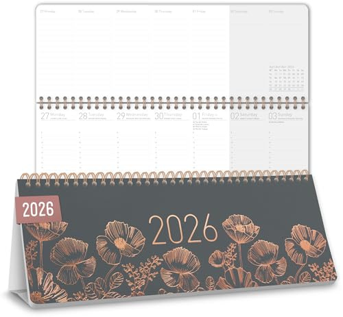 Häfft® Calendrier de bureau international 2026 horizontal Poppy 1 semaine 2 pages, 29,8 x 11,6 cm, multilingue - durable & respectueux du climat
