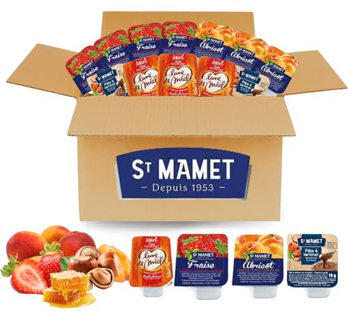 ST MAMET - 80 barquettes préparation de fruits, miel et pâte à tartiner | Préparation de fruits 35% fraise, abricot, miel et pâte à tartiner - petit déjeuner hôtel, gîte, restauration et Airbnb