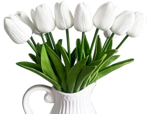 Amajoy 12 tulipani artificiali in lattice sintetico tocco realistico, per bouquet da sposa, decorazione per la casa, progetti fai da te (bianco)