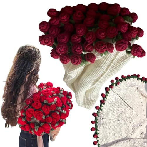 Crochet Flower Rose Bouquet Blanket Handmade – Surprise Bouquet Blanket, Romantic Knitted Rose Floral Bed Throw Blankets, Gift for Mother’s Day Birthday Home Decor (2.6ft Finished-Red)