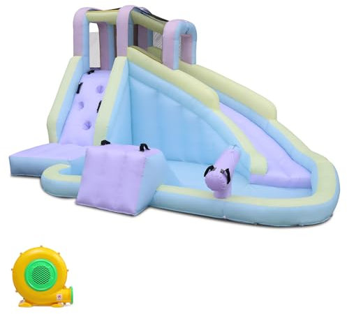 LEADZM Hüpfburg in Macaron-Farben mit Gebläse, Aufblasbarer Spielplatz Outdoor/Indoor mit Pool, Rutsche, Kletterwand, Wasserpistole, für Kinder 3–8 Jahren, 400 x 300 x 230 cm