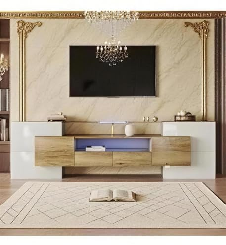 LANTRO JS TV Schrank 200cm Lang, TV Board Elegante Glasoberfläche, TV Lowboard in Holzfarbe, TV Schrank Weiss und Holzfarbe