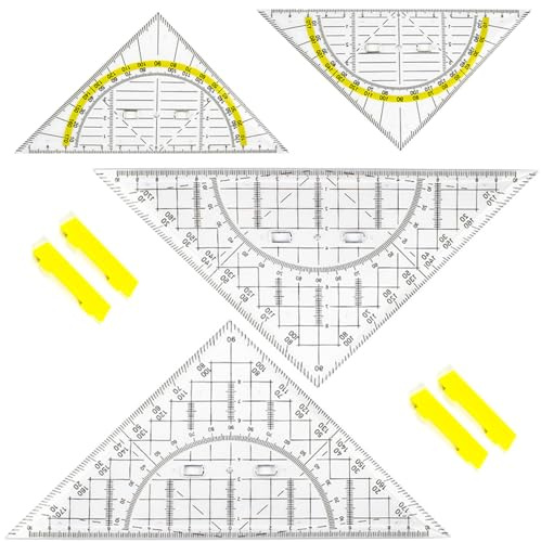WUBAYI 4 Stück Geodreieck mit Griff - Transparente 14cm Winkelmesser für Schule/Büro, Flexibel & Kratzfest (Klein & Groß), Inkl. Zeichenhilfe für Kreise