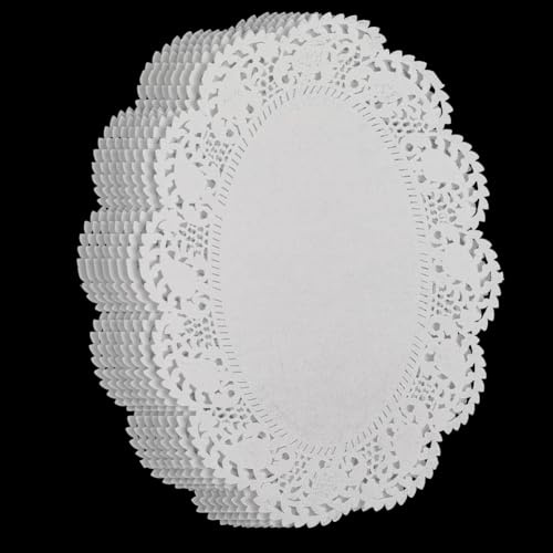CREATCABIN 100 Stück Weiße Ovale Papierdeckchen Papierdeckchen Für Lebensmittel Fettdichte Tischsets Aus Spitzenpapier Einweggeschirr Dekoration Für Dessertschalen Frittierte Lebensmittel 25.5x19cm