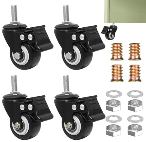TESSTSY 4 Pièces Roulette avec Frein 50mm, Roulettes Pivotantes Tige Fileté M10x25mm, Roulettes pour Meubles, Roulette Charge Lourde, pour Meubles et Chariots, Capacité 210kg (Noir)