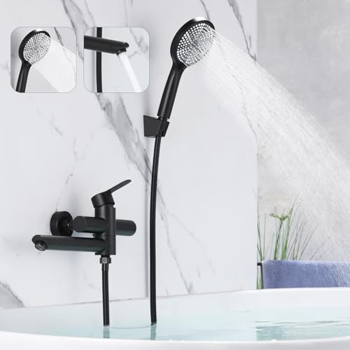 Mursche Badewannenarmatur Schwarz Badarmatur Badewanne - Dusche Armatur mit Brause Duscharmatur mit Handbrause Lang Aufputz Edelstahl Wasserhahn Einhebelmischer Wandmontage für Bad Badezimmer