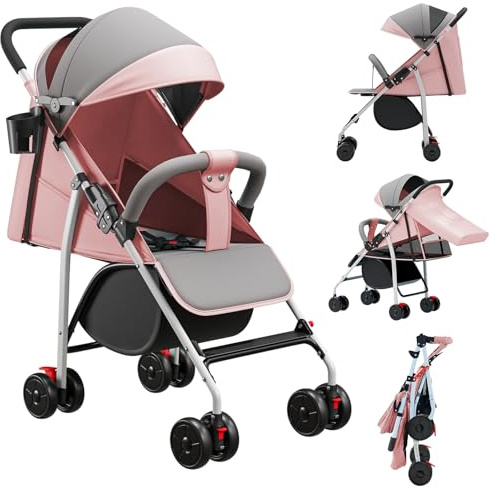 Homewell Kinderwagen, Federleichter Reisebuggy Faltbar, Liegefunktion, flache Liegeposition, kompakter Buggy inkl. Moskitonetze & Matten & Getränkehalter (Rosa)